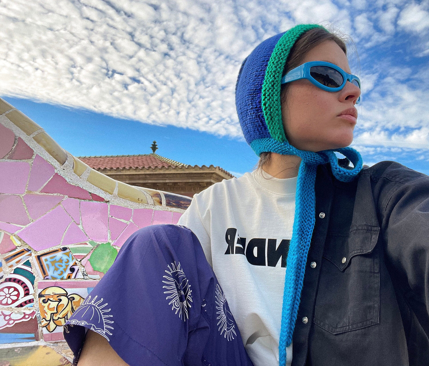 Hand - Knitted Multi Blue Chunky Bow Tie Bonnet Hat