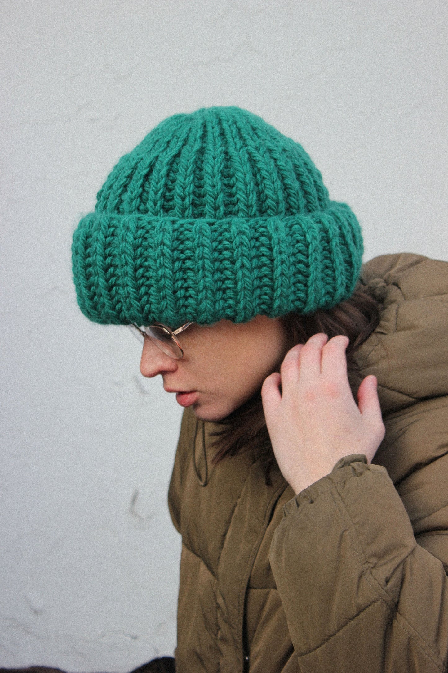 Woolen Chunky beanie hat in emerald green