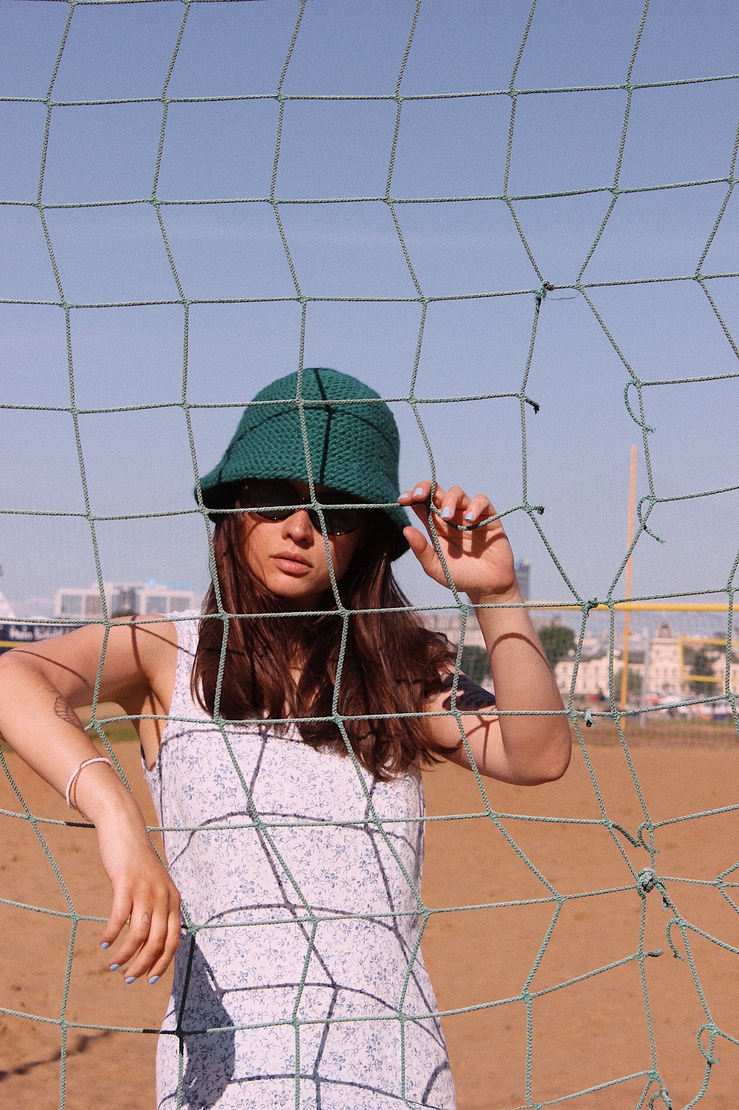 Hand-knitted chunky bucket hat in emerald blue, fisherman hat