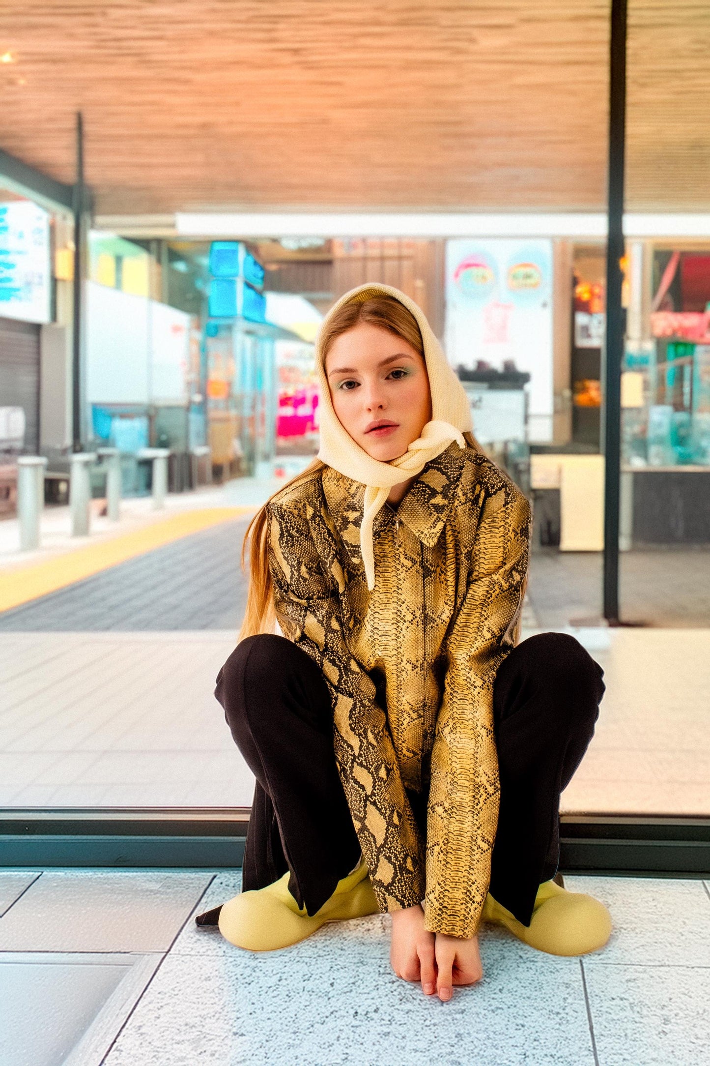 Hand - knitted Spring Headscarf in Buttermilk Yellow