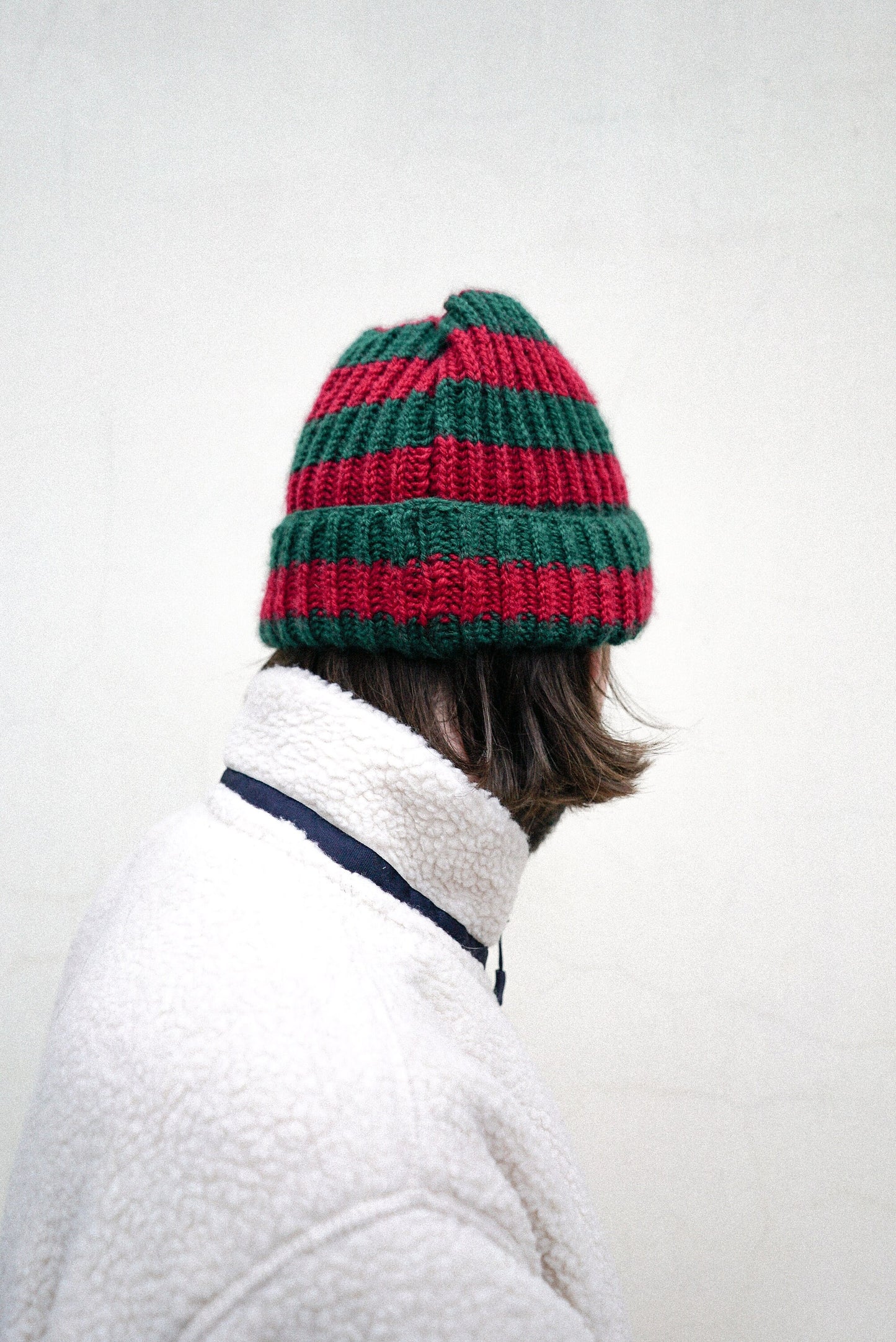 Woolen beanie hat in burgundy and green