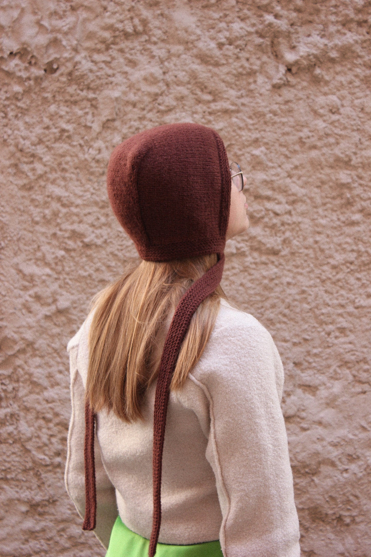 Hand-knitted Adult Bow Tie Bonnet hat with long ties in brown