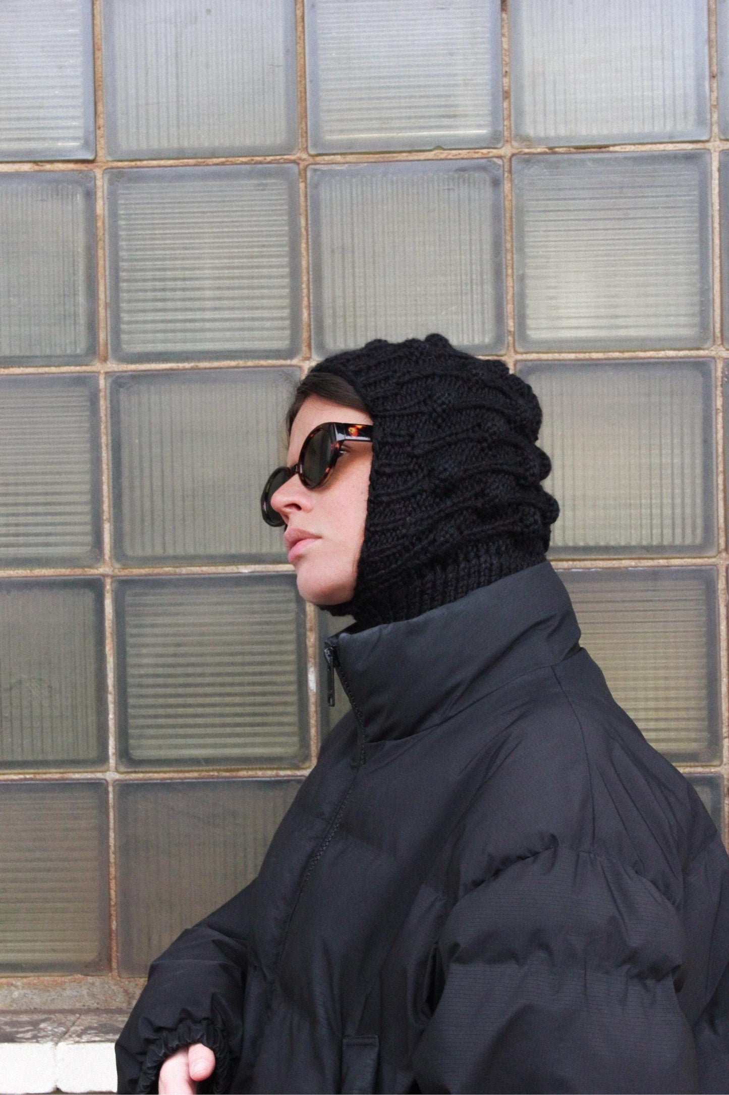 Black Brains Balaclava, with dimensional tuck knitting technique