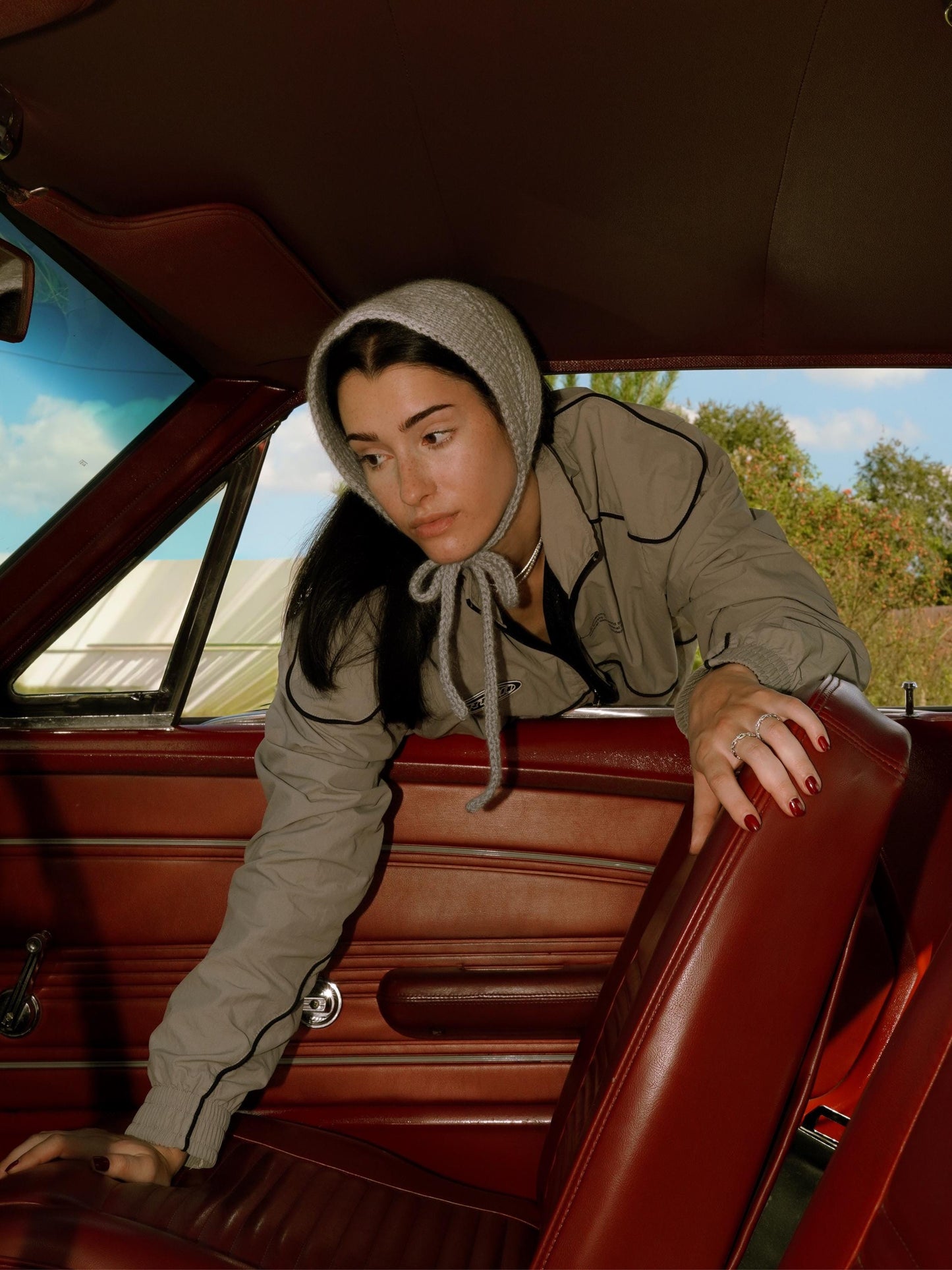 Hand - knitted Mohair Adult Bow Tie Bonnet in Gray