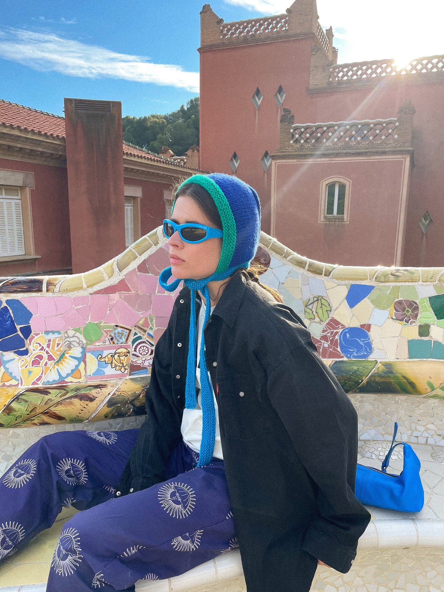 Hand - Knitted Multi Blue Chunky Bow Tie Bonnet Hat