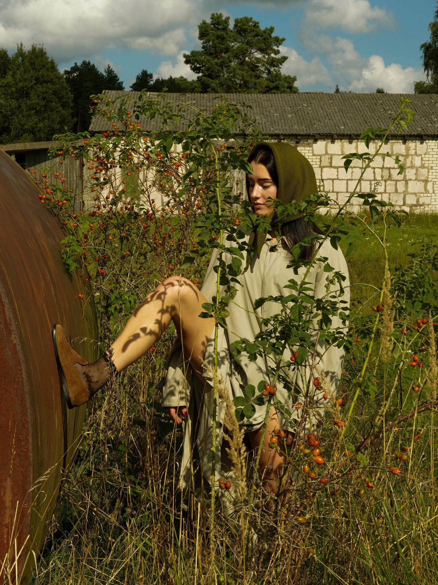 Hand - knitted Headscarf in Khaki Green