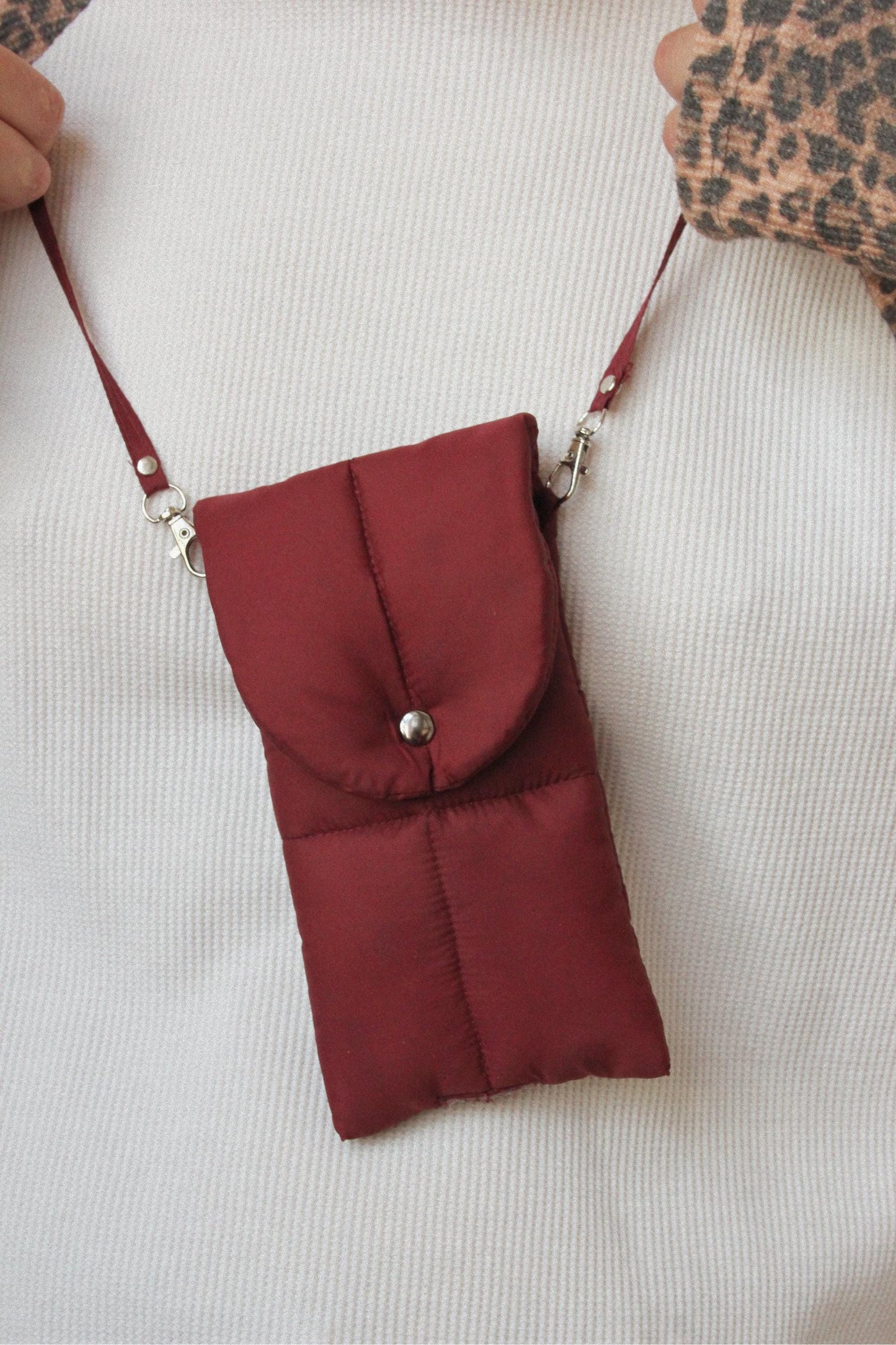 Pillow Puffer Phone pouch in Burgundy, Puffy Crossbody Phone Bag,Waterproof Padded Case with Strap,Hands-Free Pouch,Travel Gift for Her