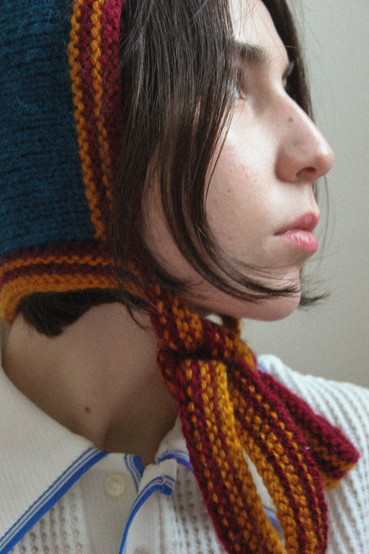 Hand-knitted Adult Bow Tie Bonnet hat in dull multicolor