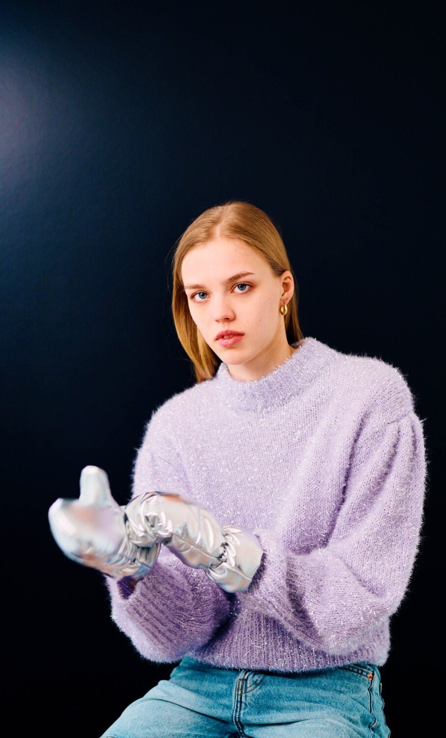 Disco Puffer Mittens on Strings in Silver