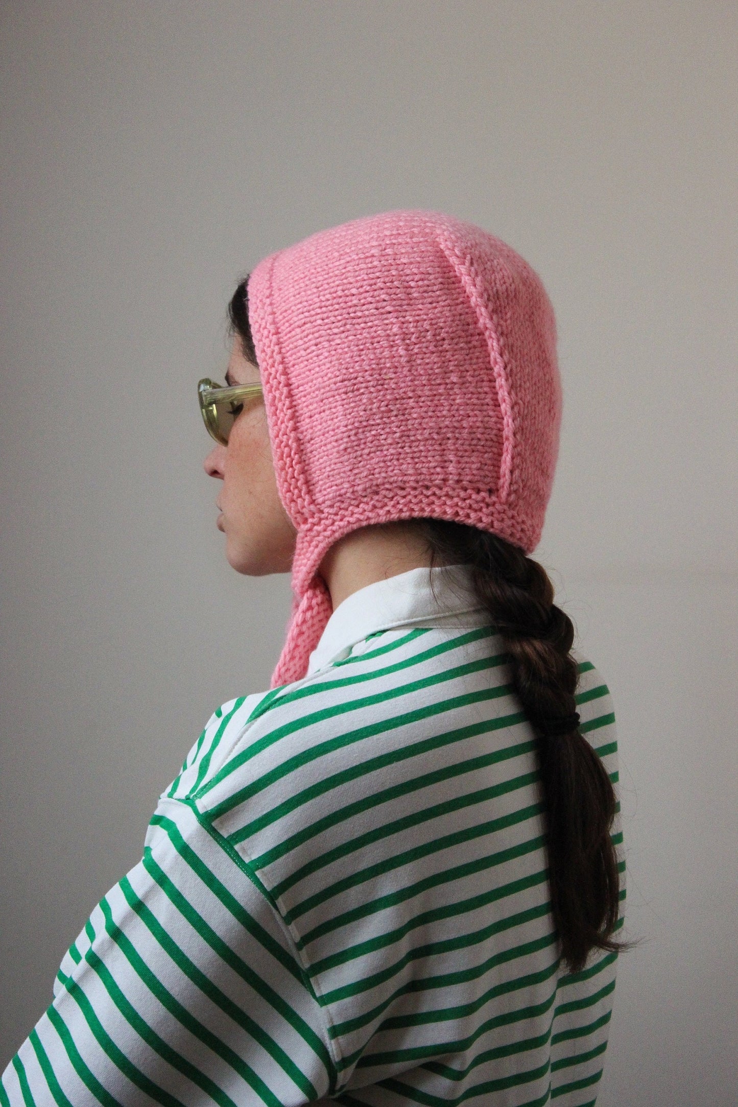 Hand-knitted Adult Bow Tie Bonnet hat in pink
