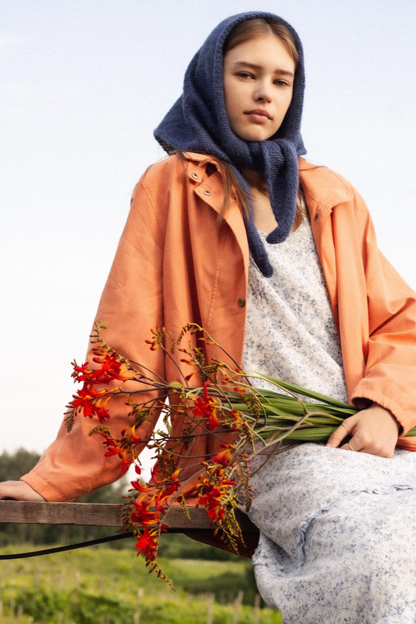 Hand - knitted Mohair Headscarf in Navy