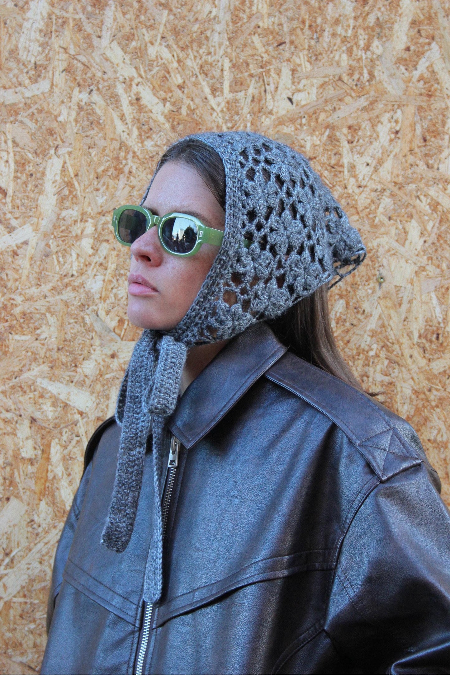 Hand - knitted Mesh Floral Mohair Melange Headscarf in Charcoal Gray