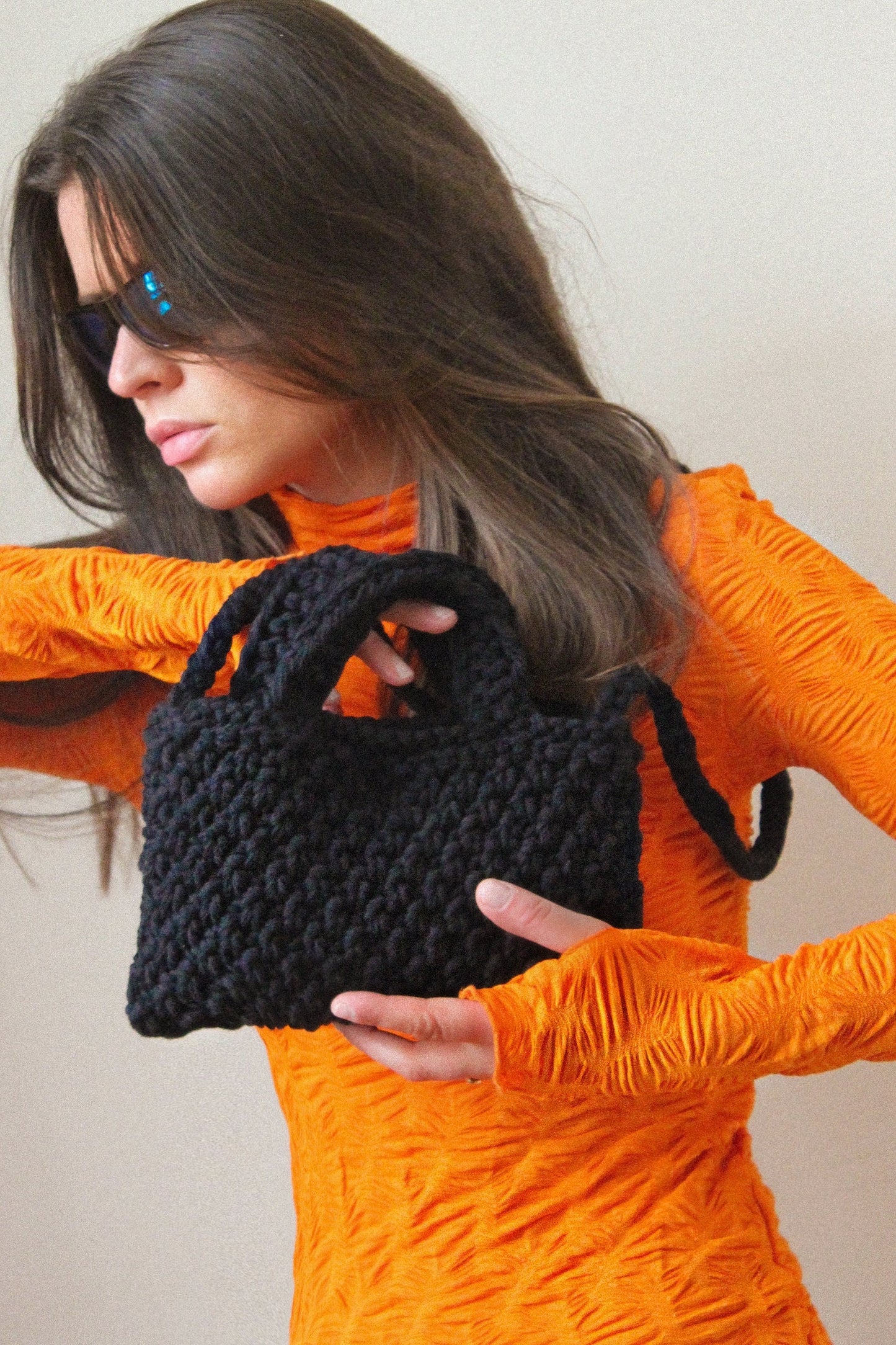 Сoarse knitted crossbody tote bag in black , tote bag