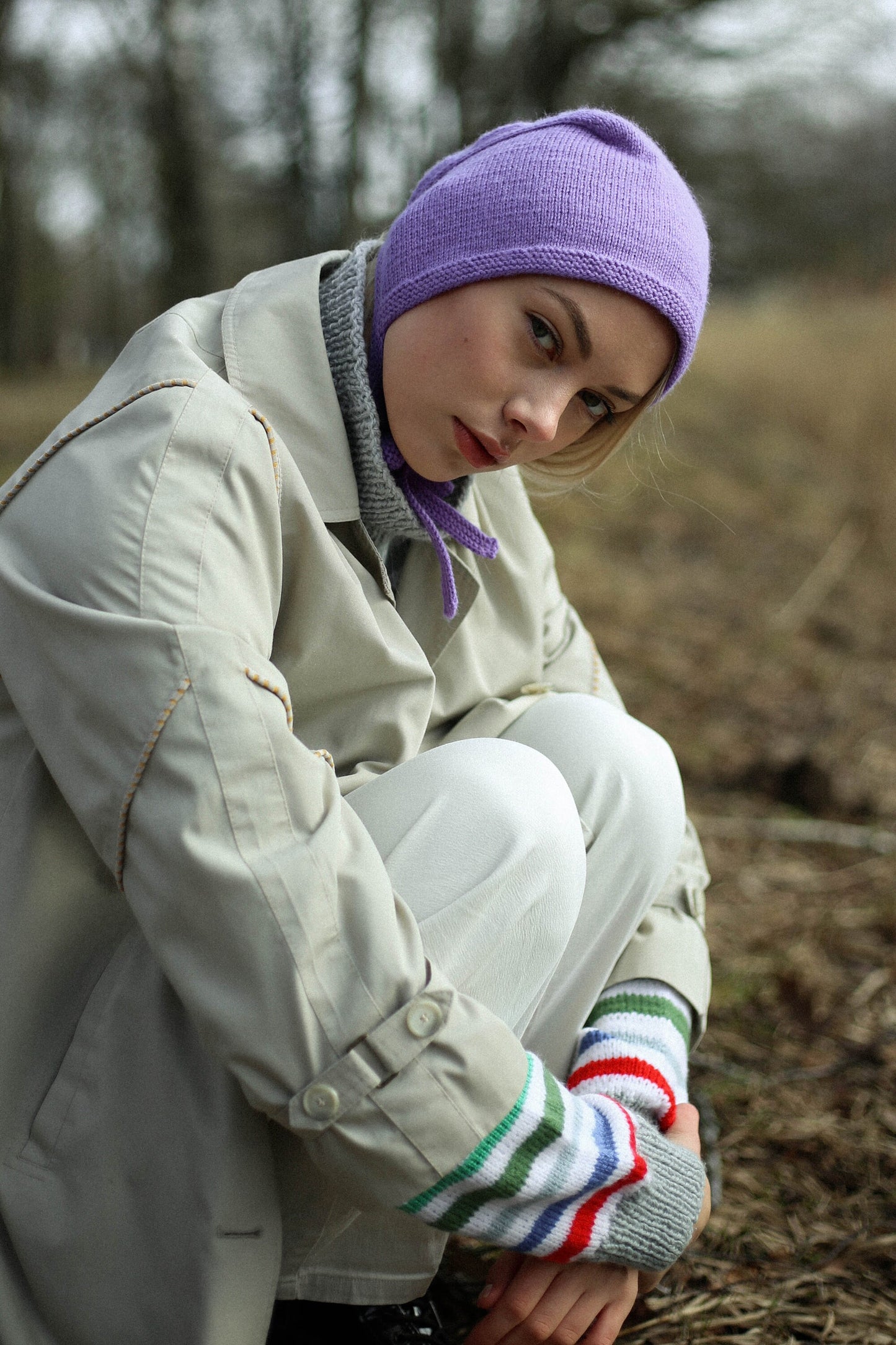 Hand-knitted Adult Bow Tie Bonnet hat in lilac