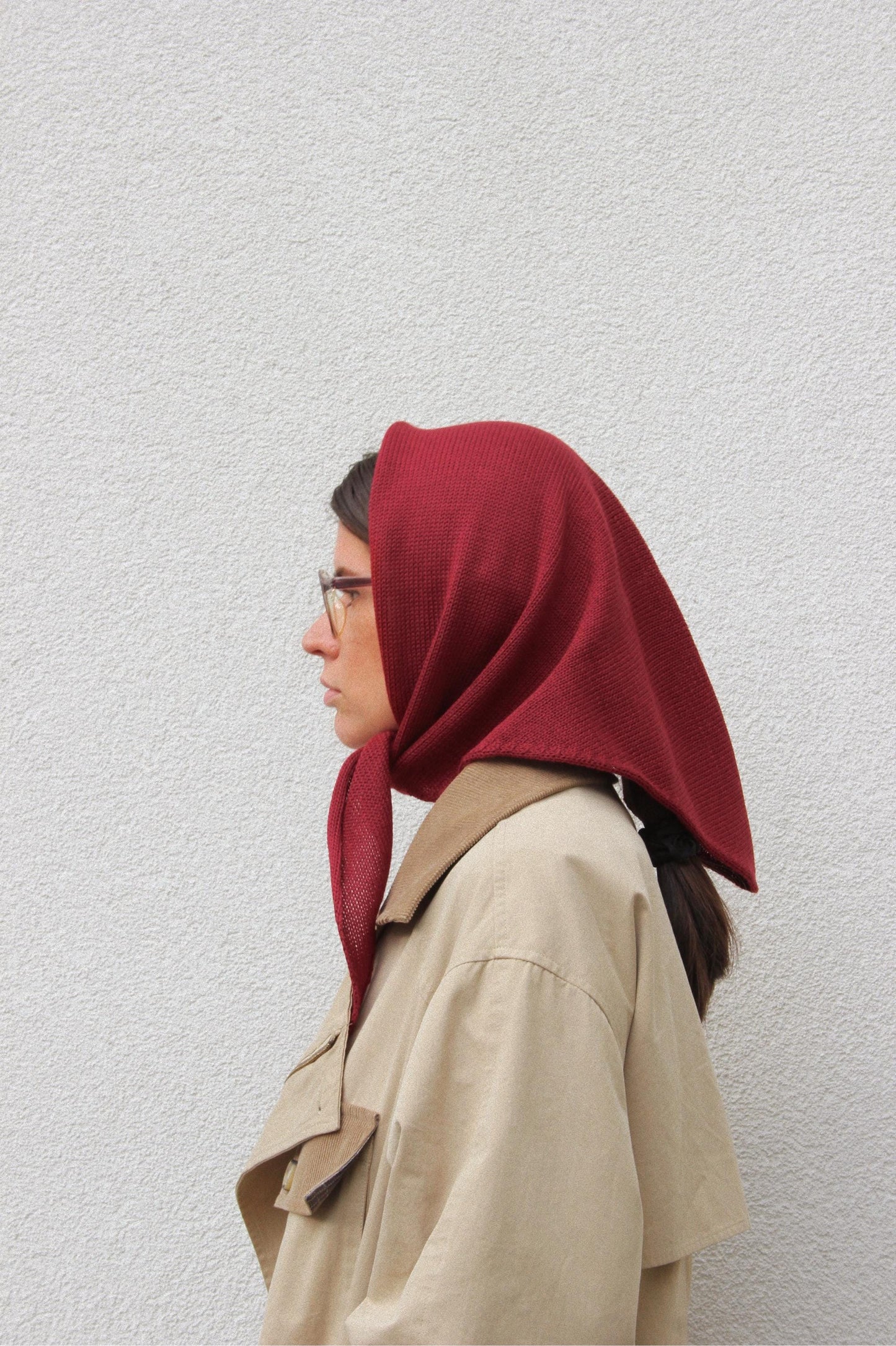 Hand - knitted Headscarf in Burgundy