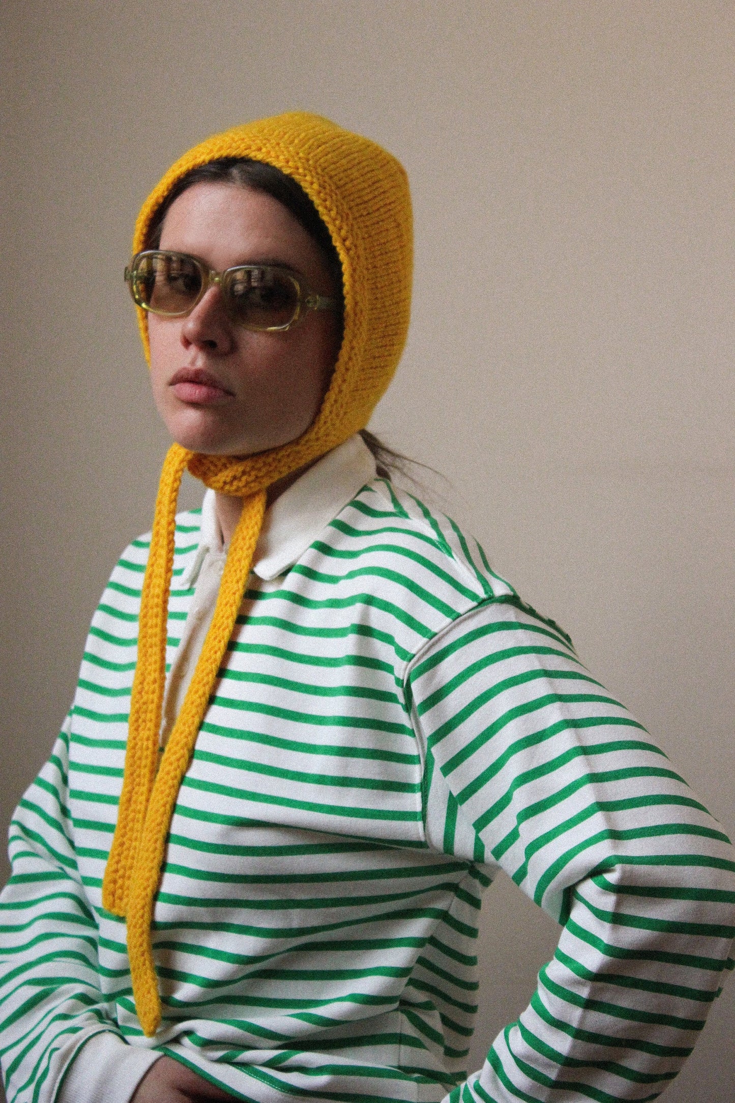 Hand-knitted Adult Bow Tie Bonnet hat in Yellow