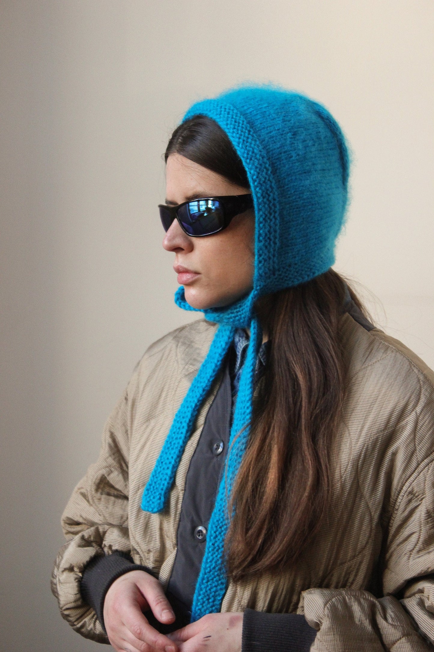 Hand - knitted Adult Bow Tie Mohair Bonnet in Azure Blue