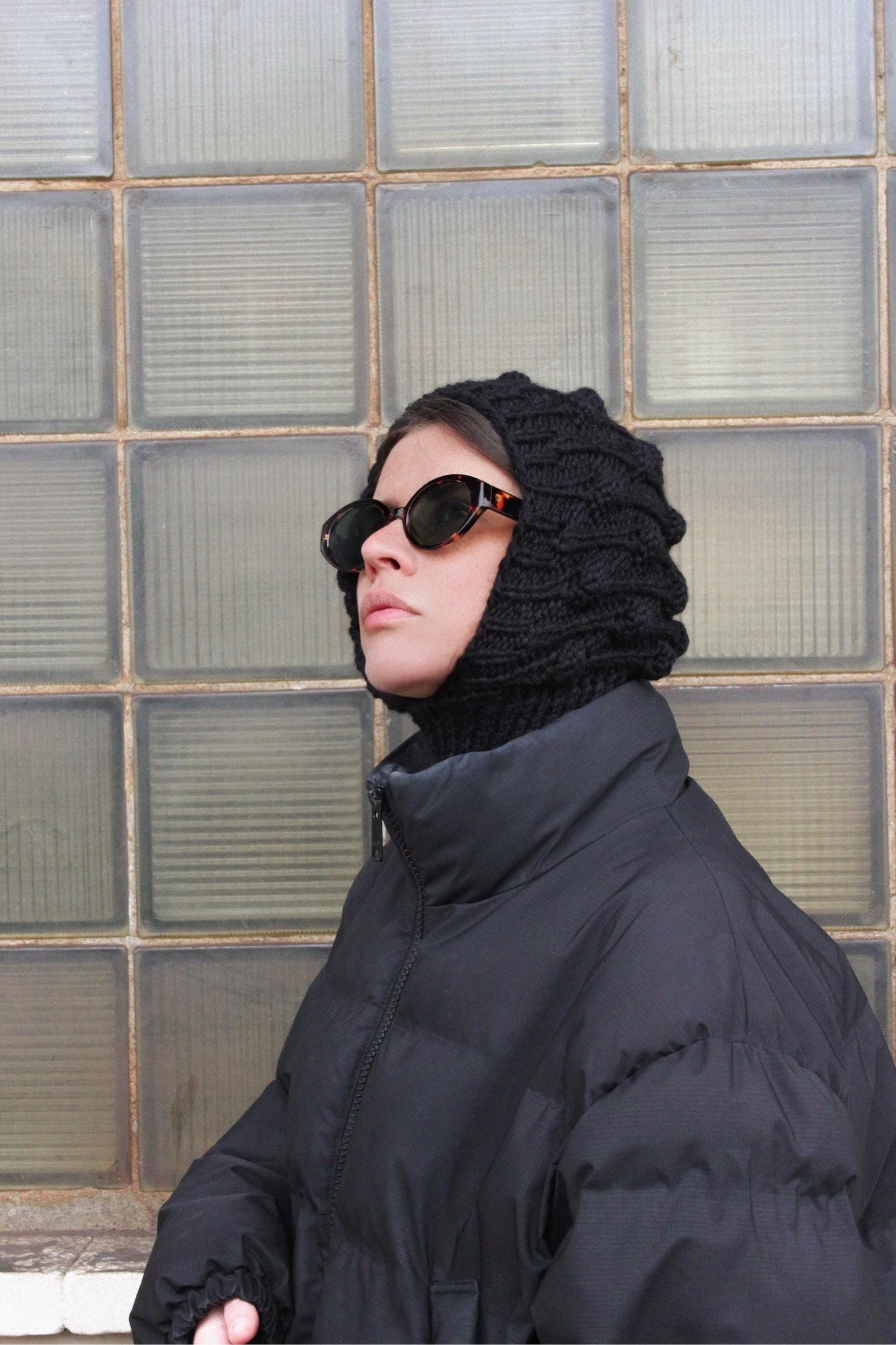 Black Brains Balaclava, with dimensional tuck knitting technique