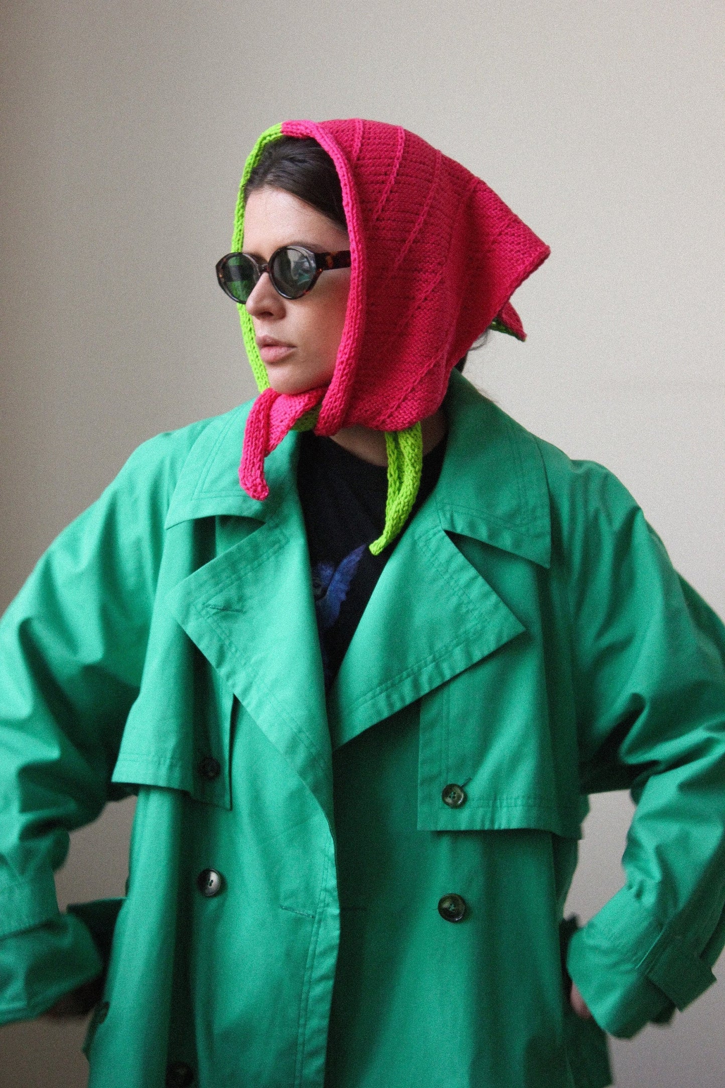 Hand - knitted Cotton Bicolour Headscarf in Poison Green & Fuscia Pink