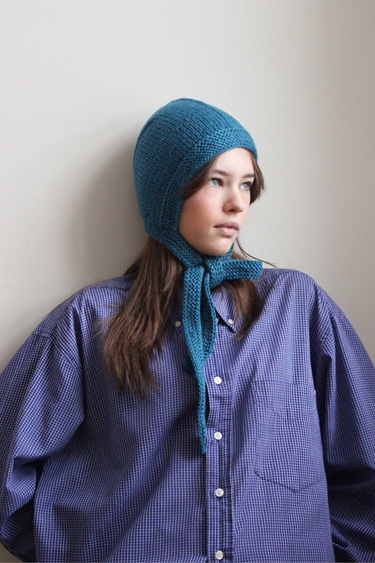 Hand-knitted Adult Bow Tie Bonnet hat in Ocean Blue