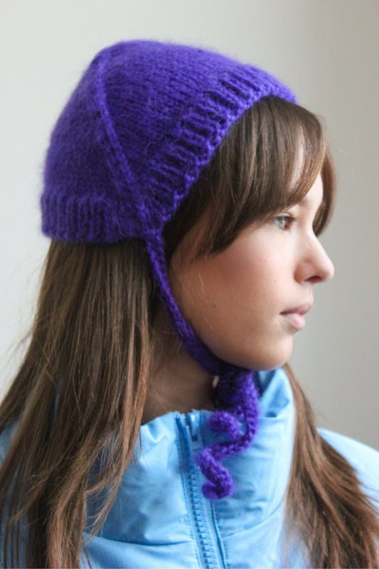 Hand - knitted Adult Bow Tie Mohair Bonnet in Purple