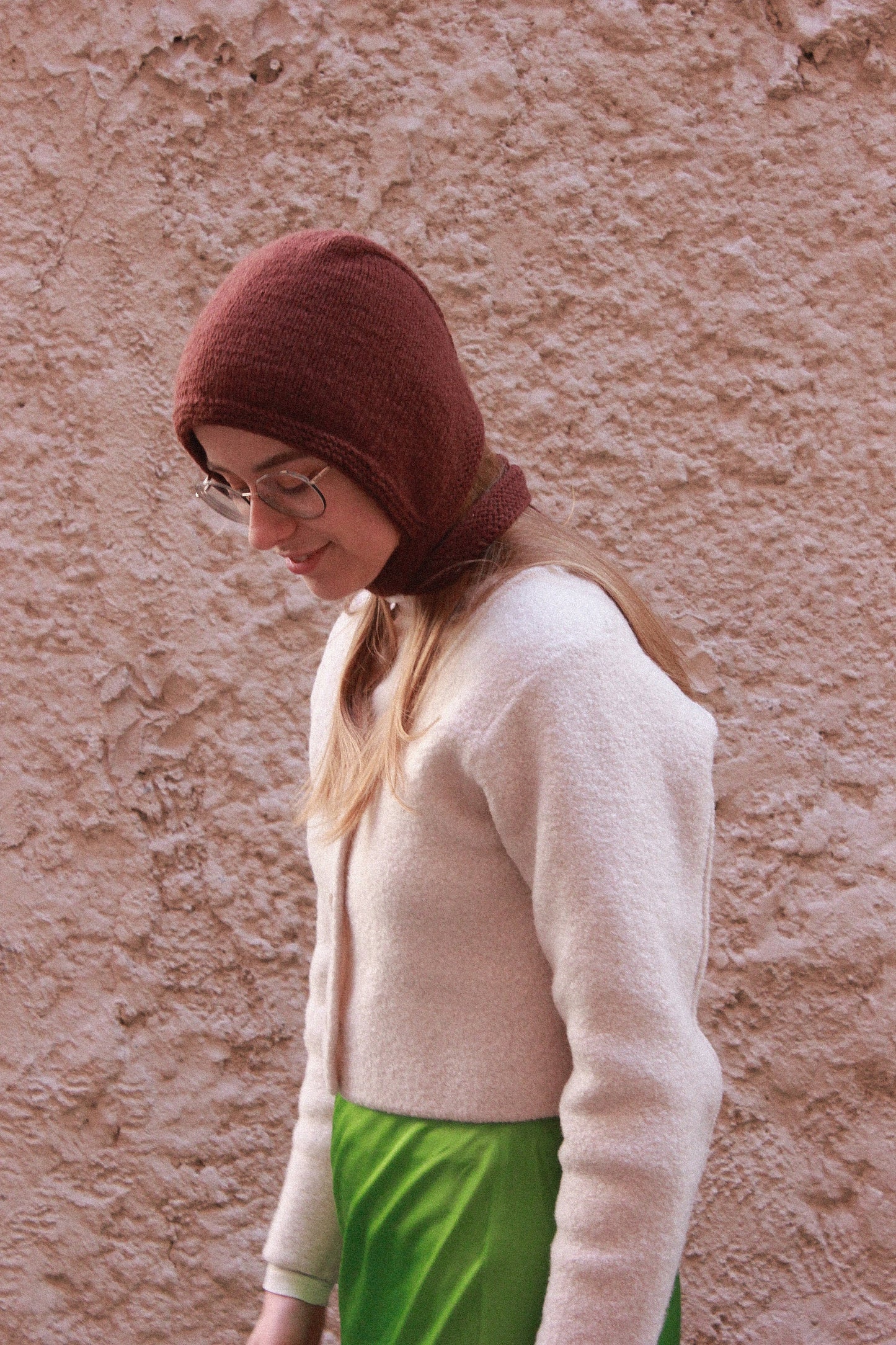 Hand-knitted Adult Bow Tie Bonnet hat with long ties in brown