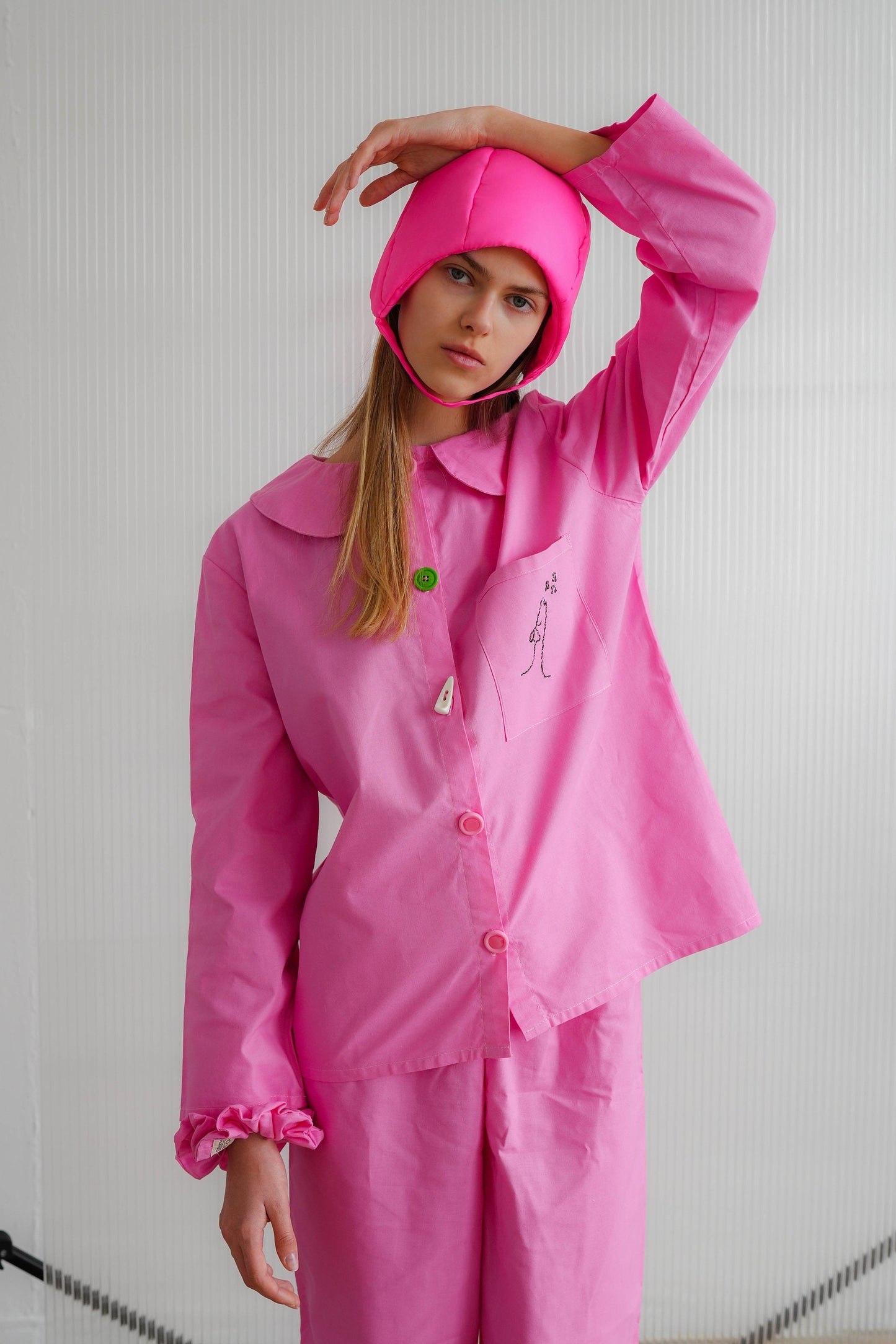 Pillow Puffer Quilted Aviator Helmet Cap Bonnet on a button in Hot Pink