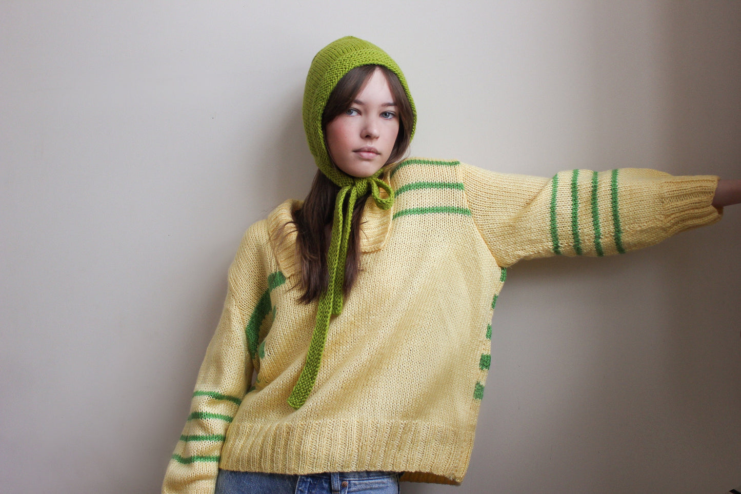 Hand-knitted Adult Bow Tie Bonnet hat in Light Green