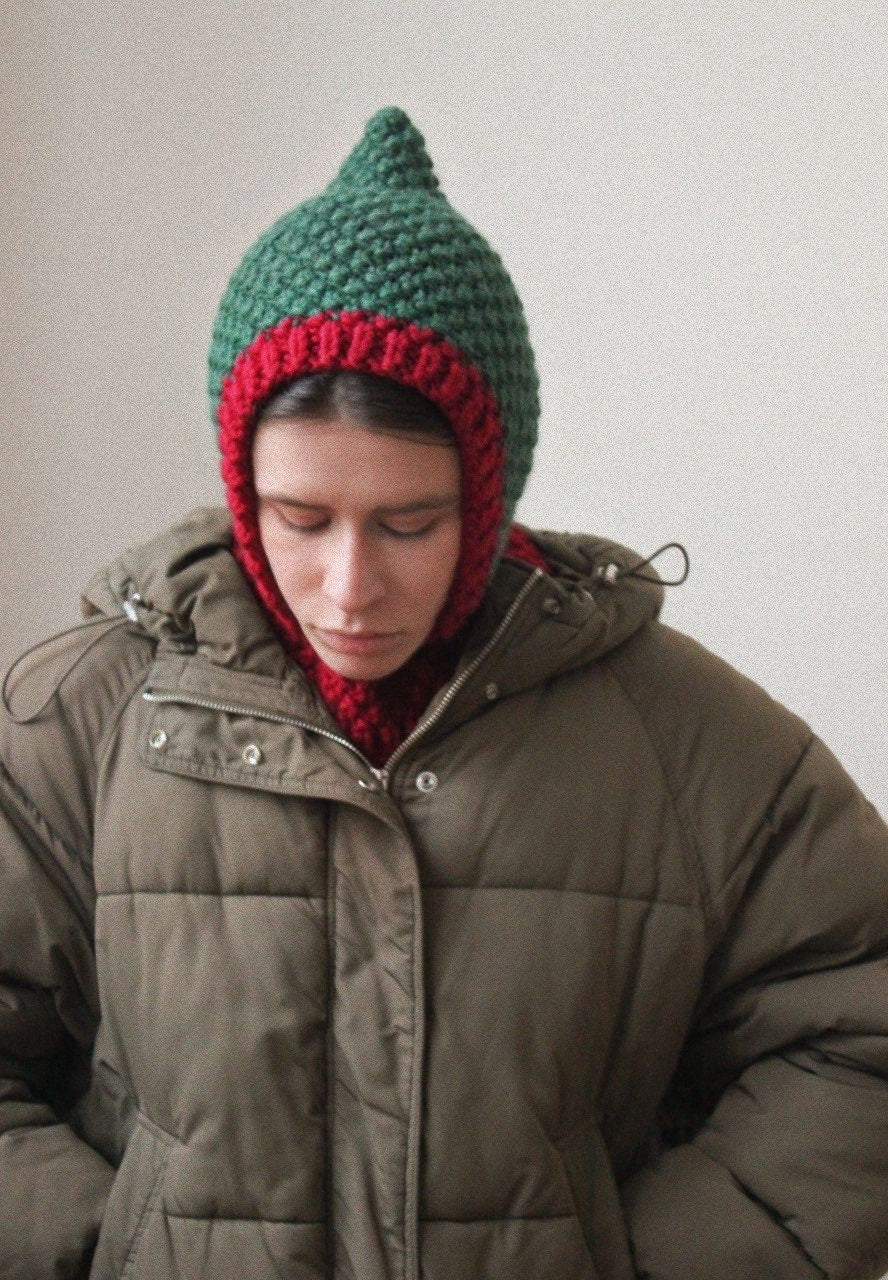 Balaclava Woolen Chunky hat in green and maroon red; mango socky balaclava knit beanie,knit helmet,knit hat,crochet balaclava, knitted hood
