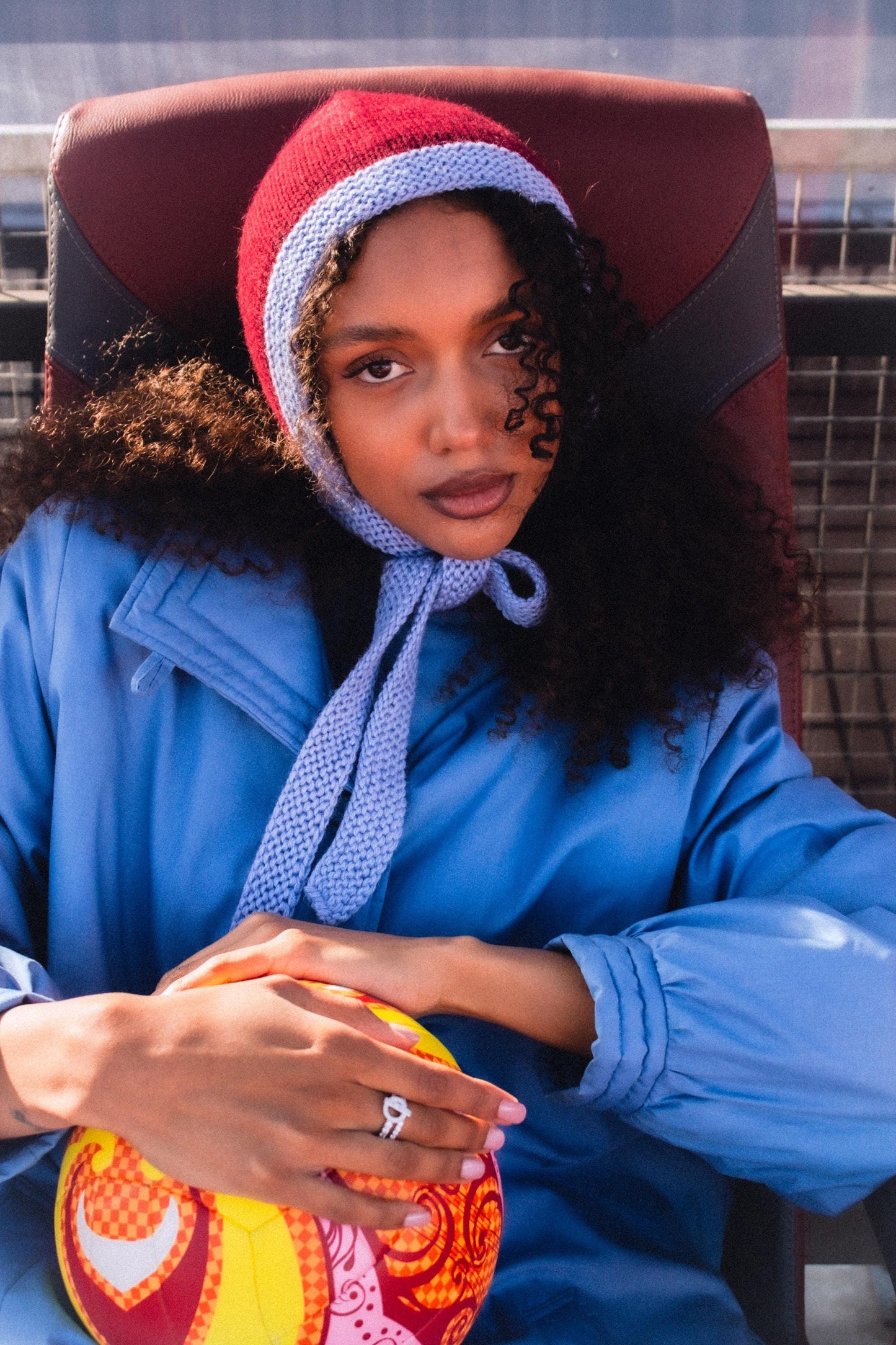 Hand-knitted Adult Bow Tie Chunky Bonnet hat in Burgundy and Light Blue