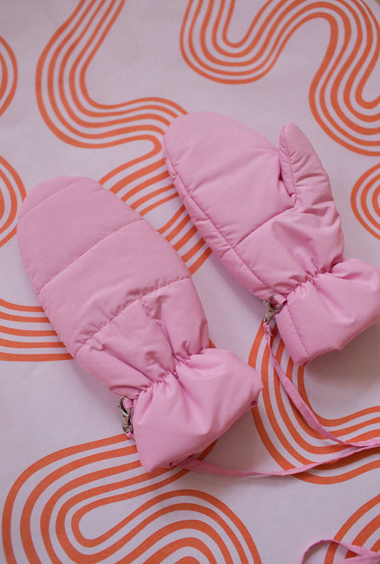Puffer Mittens on Strings in Light Pink