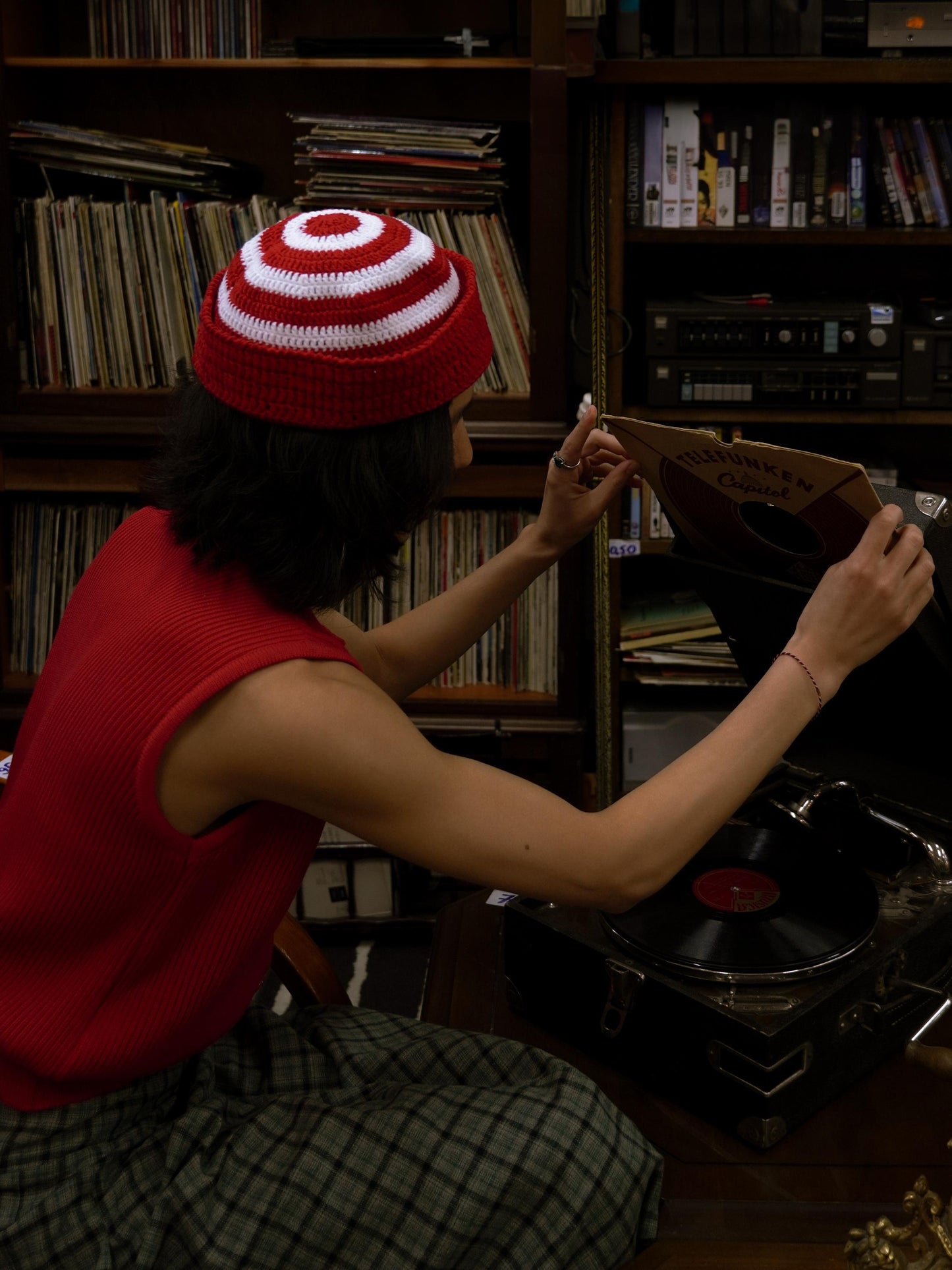 Crochet Premium Cotton Striped Marin Hat in Red & White