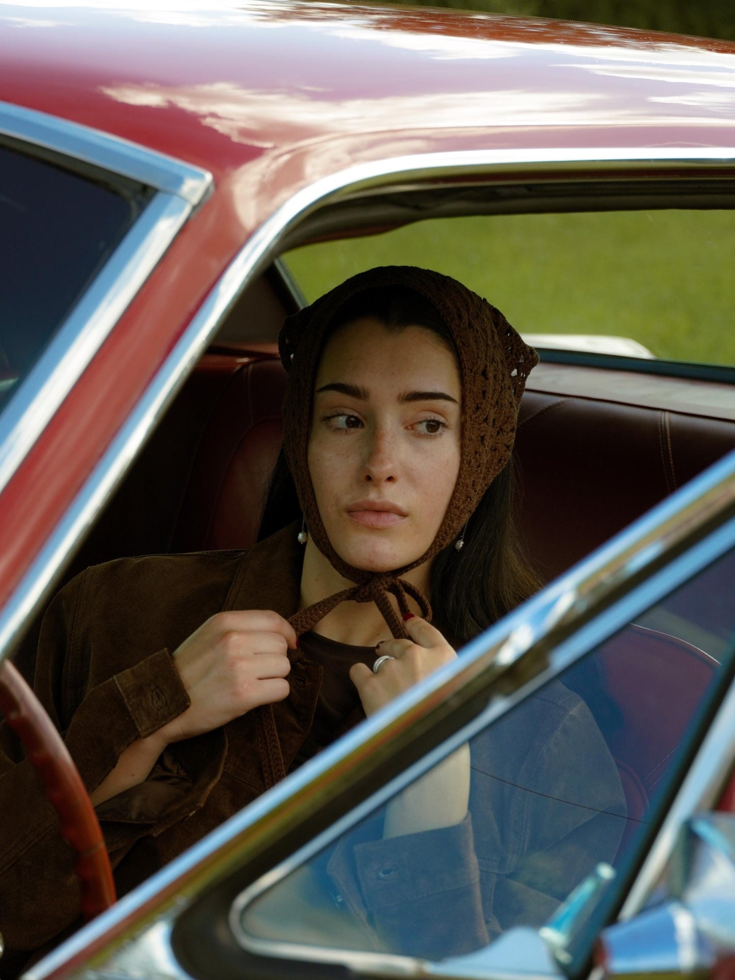 Crochet Premium Cotton Shell & Lace Stitch Headscarf in Brown