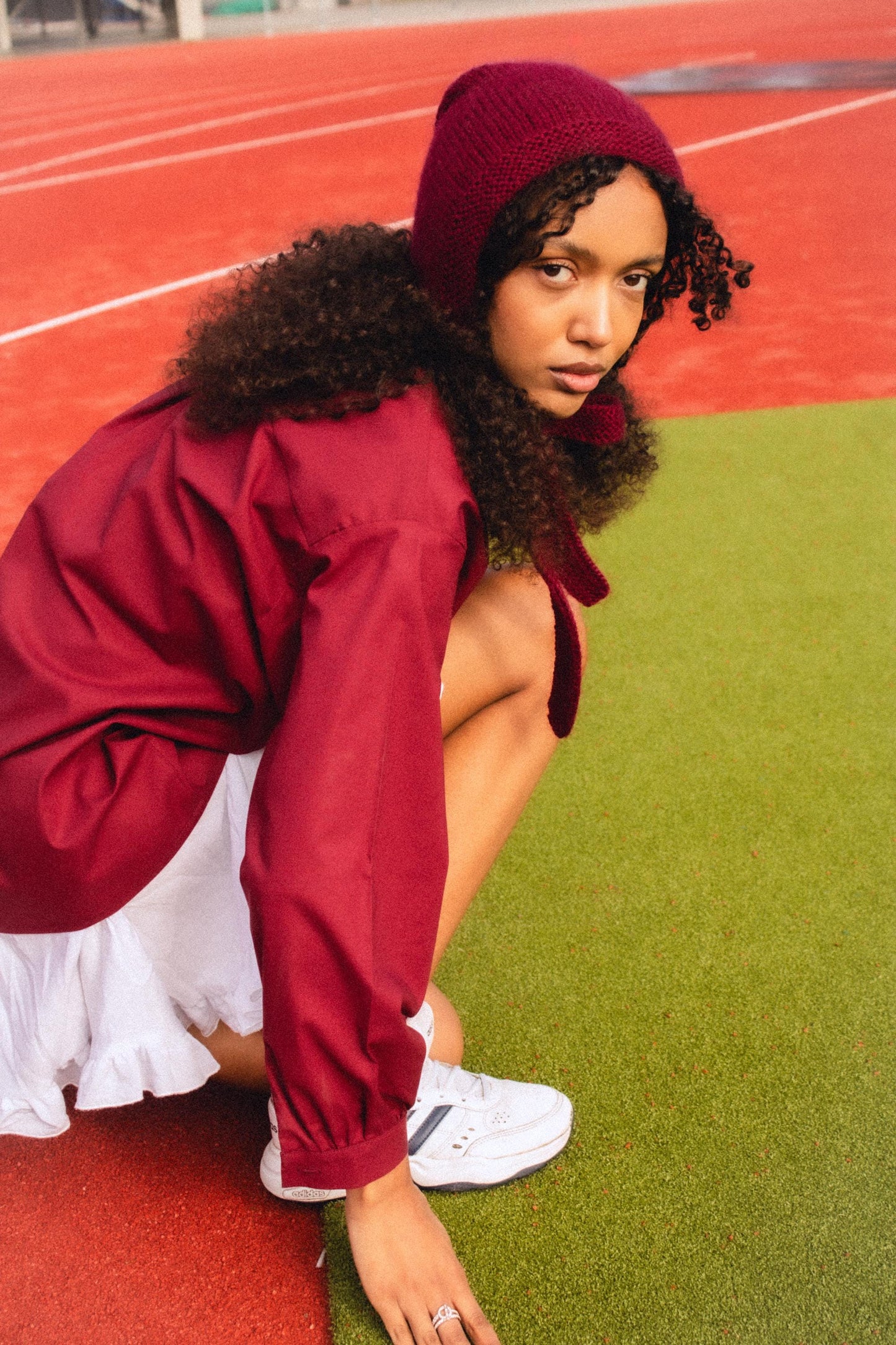 Hand - knitted Adult Bow Tie Mohair Bonnet in Burgundy