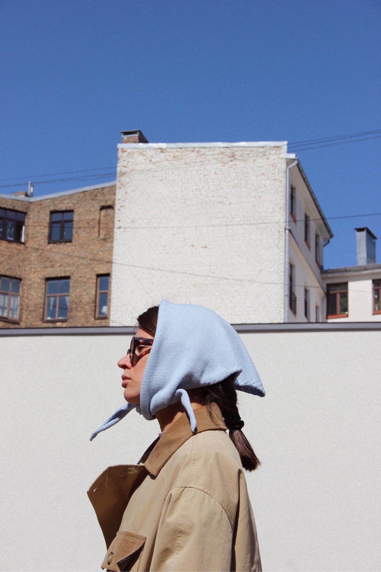 Hand - knitted Spring Headscarf in Baby Blue
