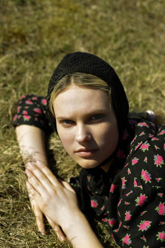 Patchwork Granny Square Adult Crochet Bow Tie Bonnet in Black