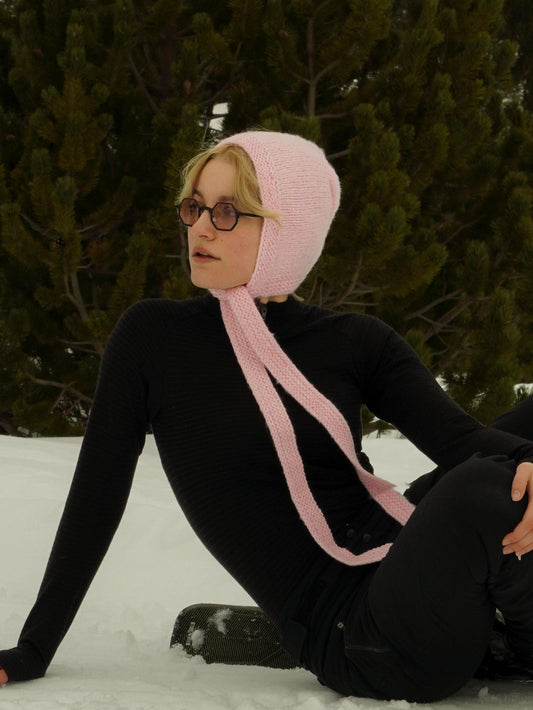 Hand - knitted Adult Bow Tie Mohair Bonnet in Light Pink