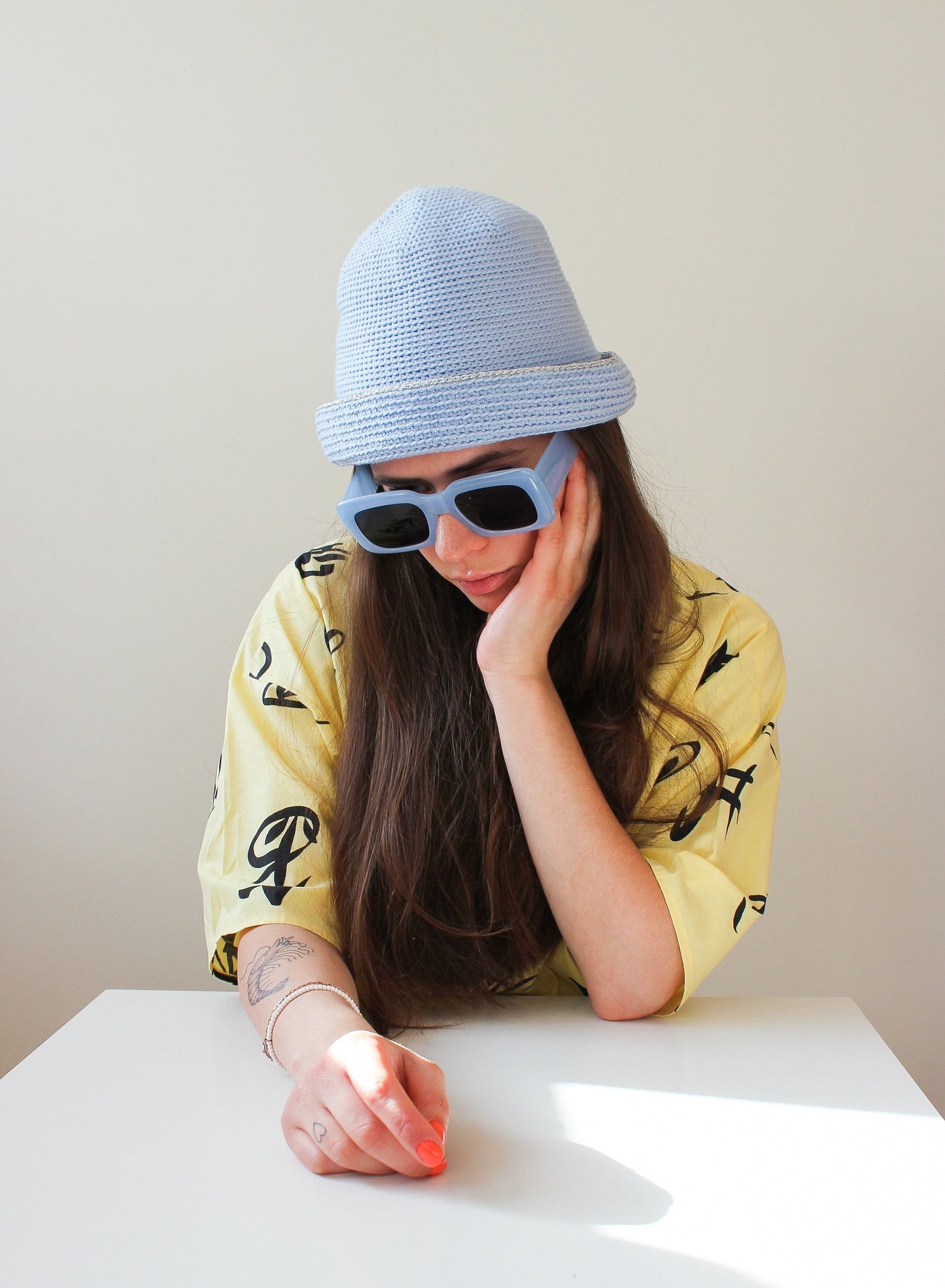 Hand knitted crochet bucket hat in sky blue