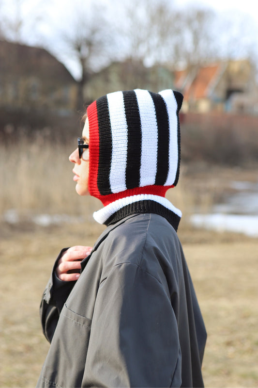 Striped Balaclava Woolen hat in black, white and red,mango socky balaclava knit beanie,knit helmet,knit hat,crochet balaclava, knitted hood