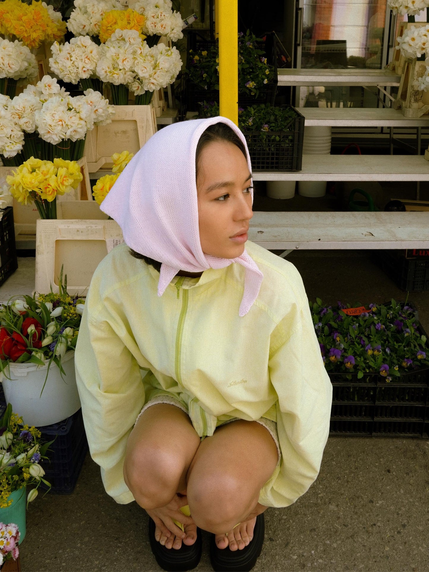 Hand - knitted Spring Headscarf in Baby Pink