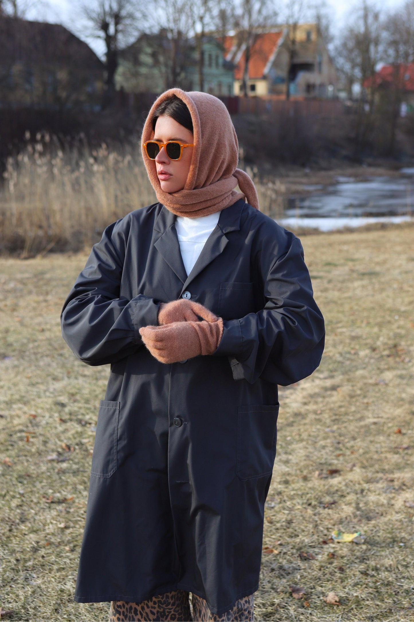 Hand - knitted Oversized Mohair Headscarf in Soft Caramel