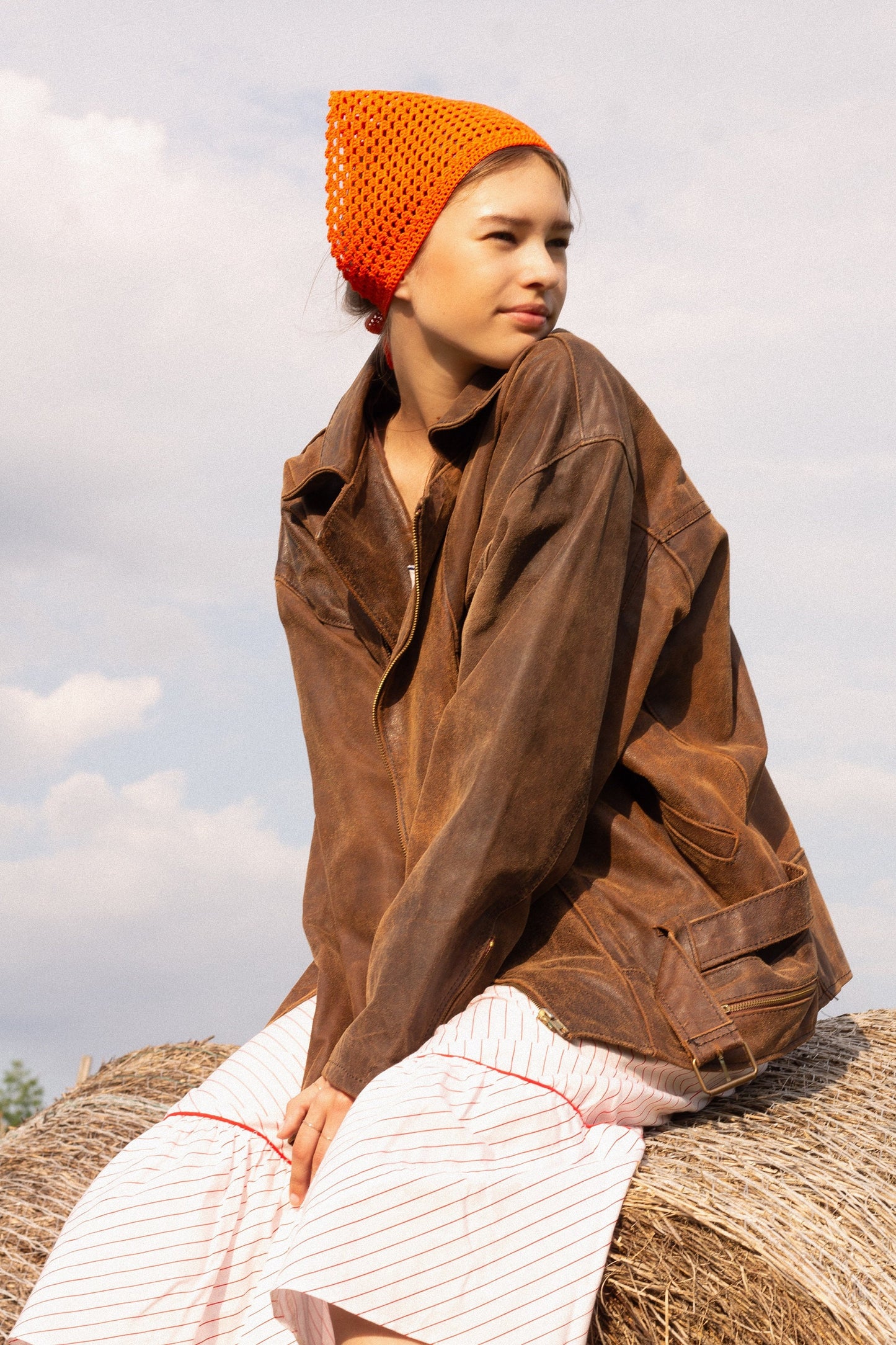 Crochet Mesh Headscarf in Orange