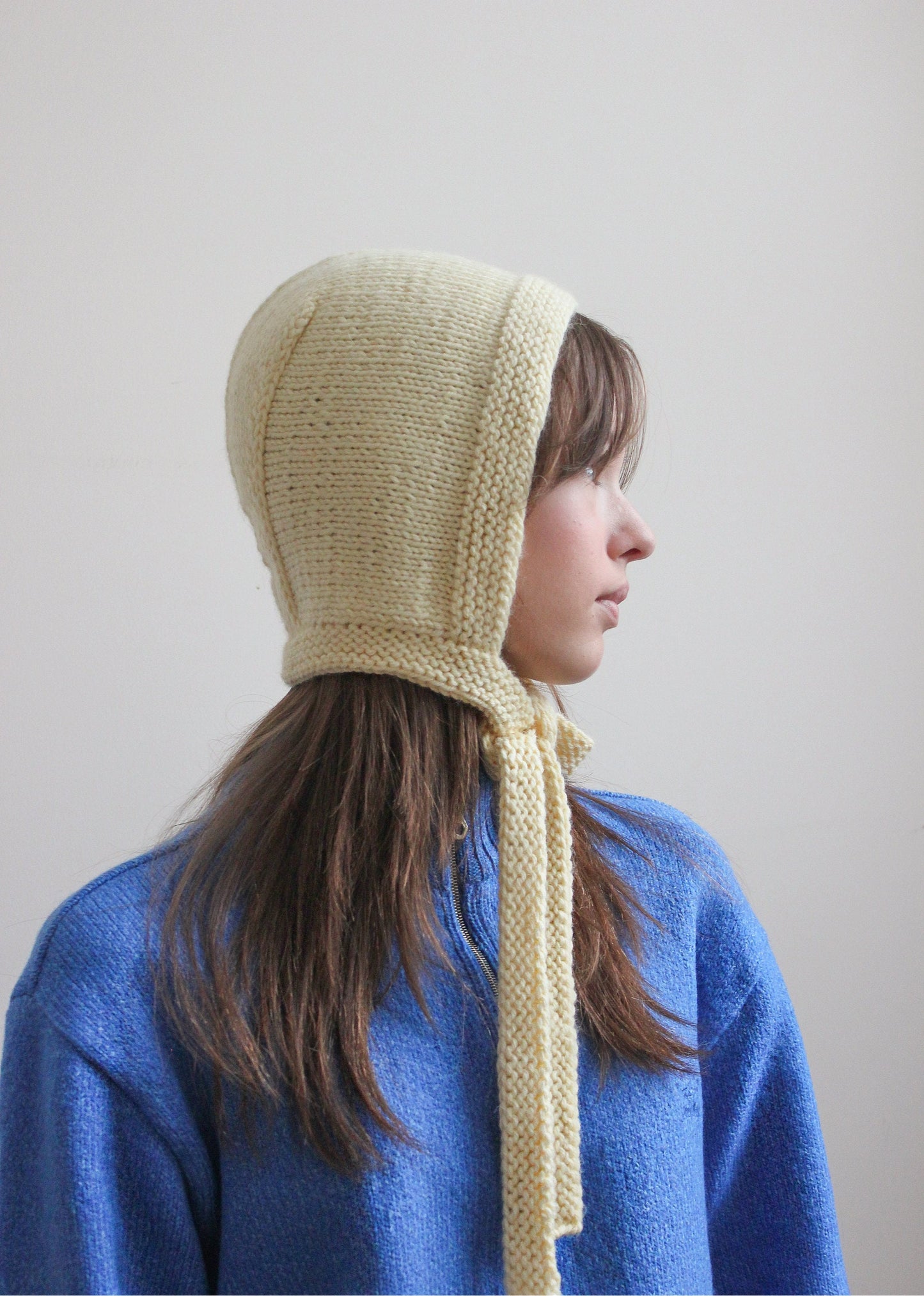 Hand-knitted Adult Bow Tie Bonnet hat in Butter Yellow