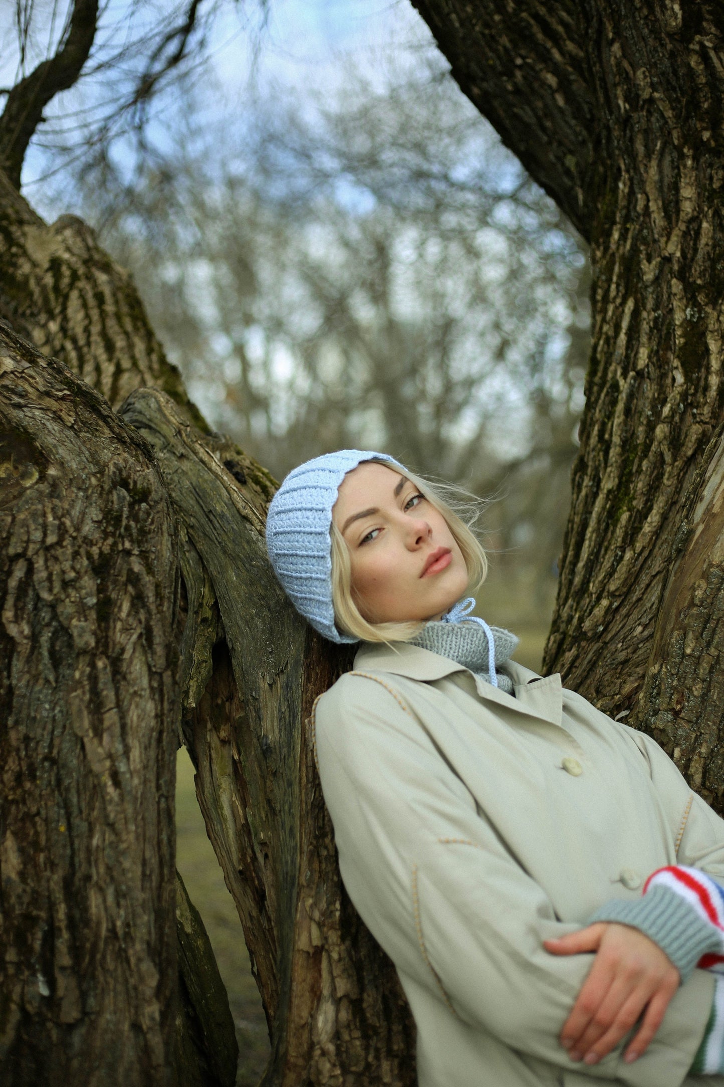 Adult Crochet Bow Tie cotton Bonnet in Light Blue