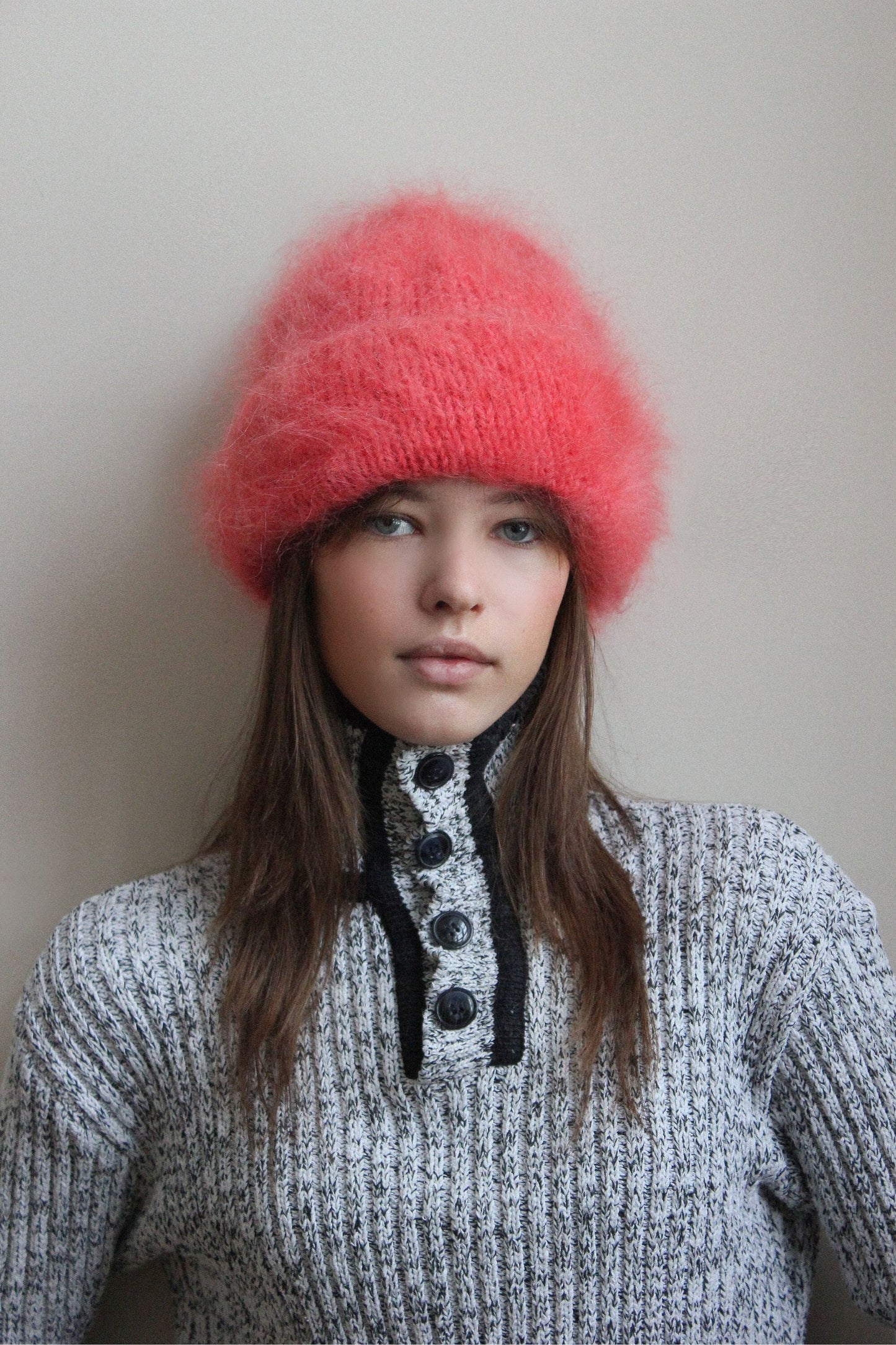 Premium Mohair Beanie Hat in Сoral Pink