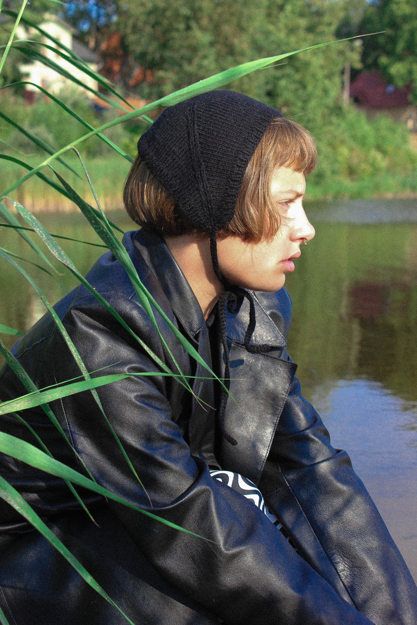 Handknitted Adult Bow Tie Bonnet in Black