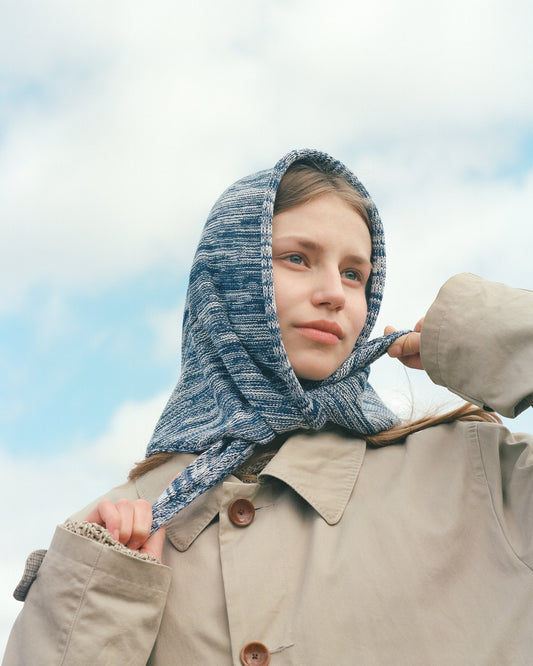 Hand - knitted Melange Headscarf in Navy & Baby blue