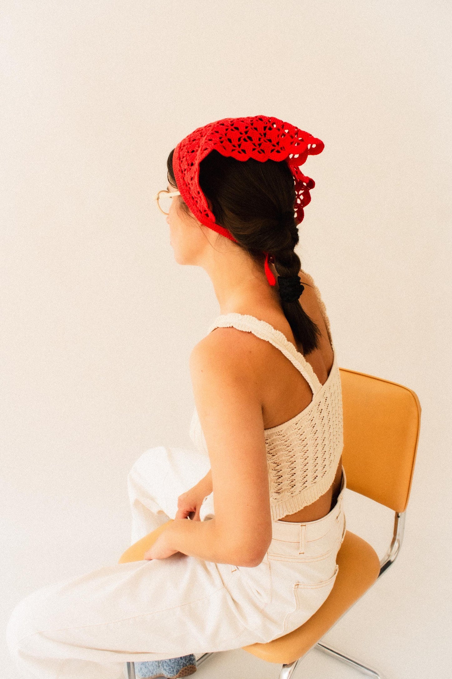Crochet Premium Cotton Shell & Lace Stitch Headscarf in Red