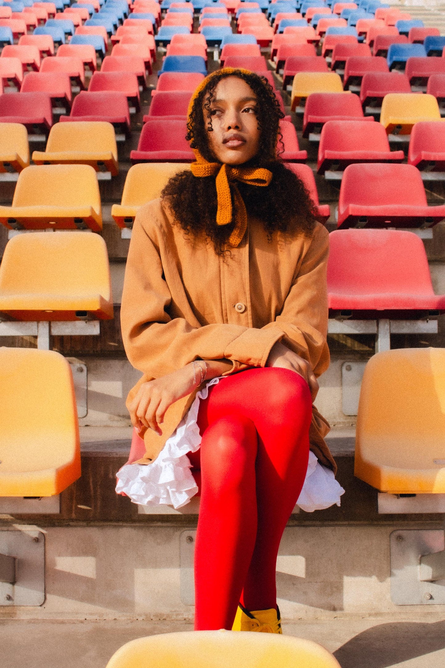 Hand - knitted Adult Bow Tie Mohair Bonnet in Mustard Yellow