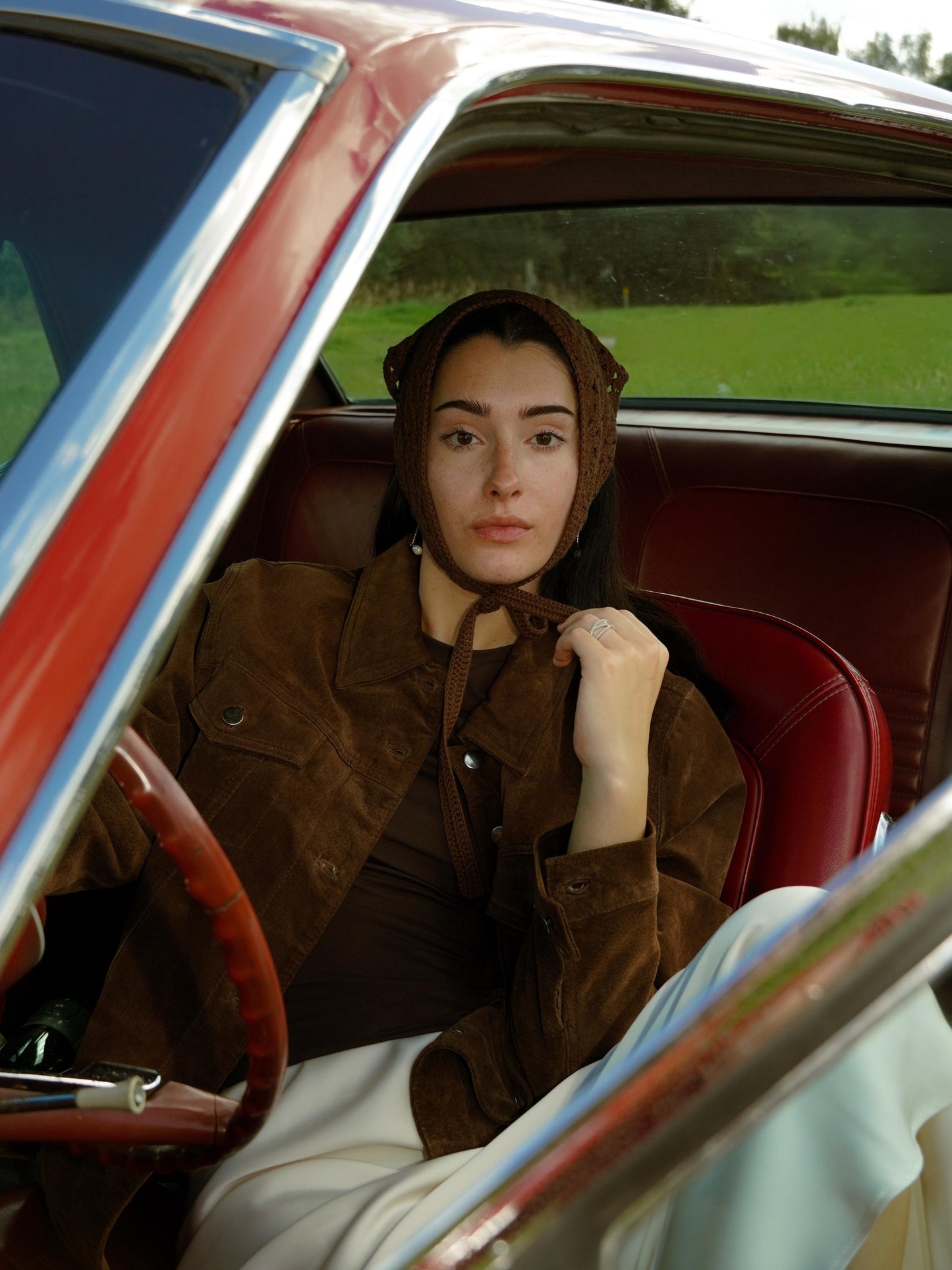 Crochet Premium Cotton Shell & Lace Stitch Headscarf in Brown